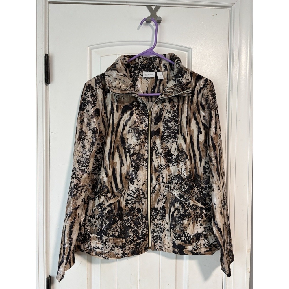 Zenergy by chicos full zip brown tan jacket animal print unique chicos 1